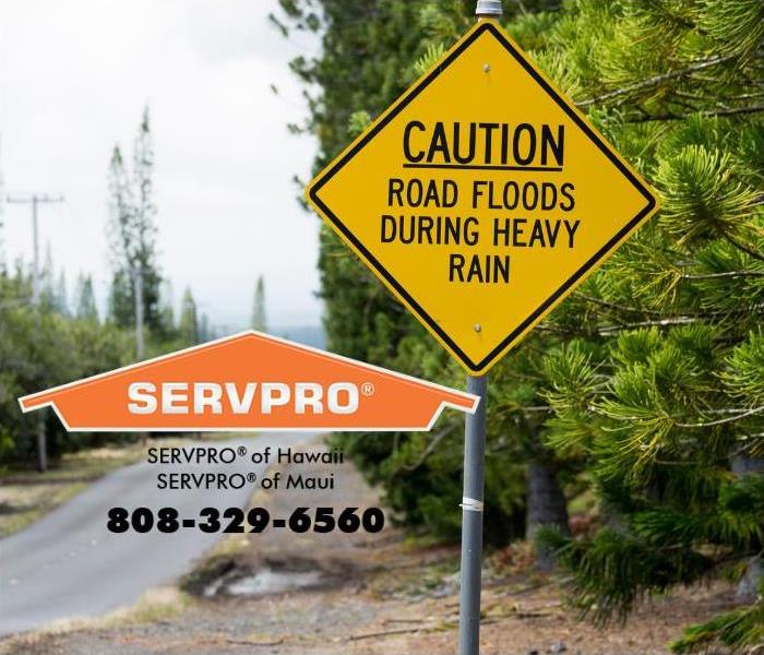 A yellow caution sign warns drivers of road flooding during heavy rain.