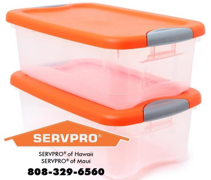 Plastic storage bins are shown.